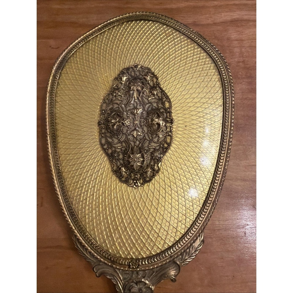 Antique Victorian Gilt Brass Vanity Set Mirror & Brush Matching Guilloché c.1900 - Picture 3 of 12